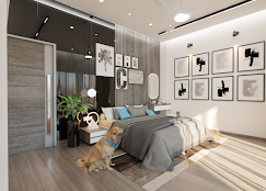 Master bedroom with layered lighting, gallery wall, and a resting dog