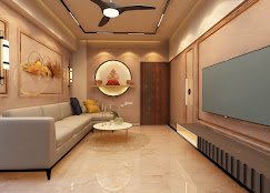Living room with a circular Buddha alcove and a large media wall