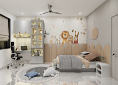 Children's bedroom with a hand-painted meadow mural and round play rug