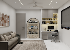 Study nook with an arched display shelf and warm task lighting