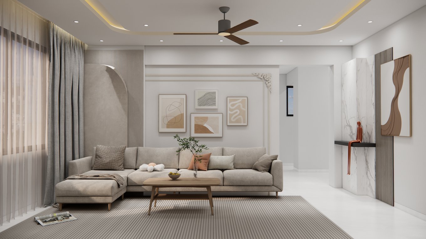 Neutral-toned living room with layered textiles and warm ambient lighting